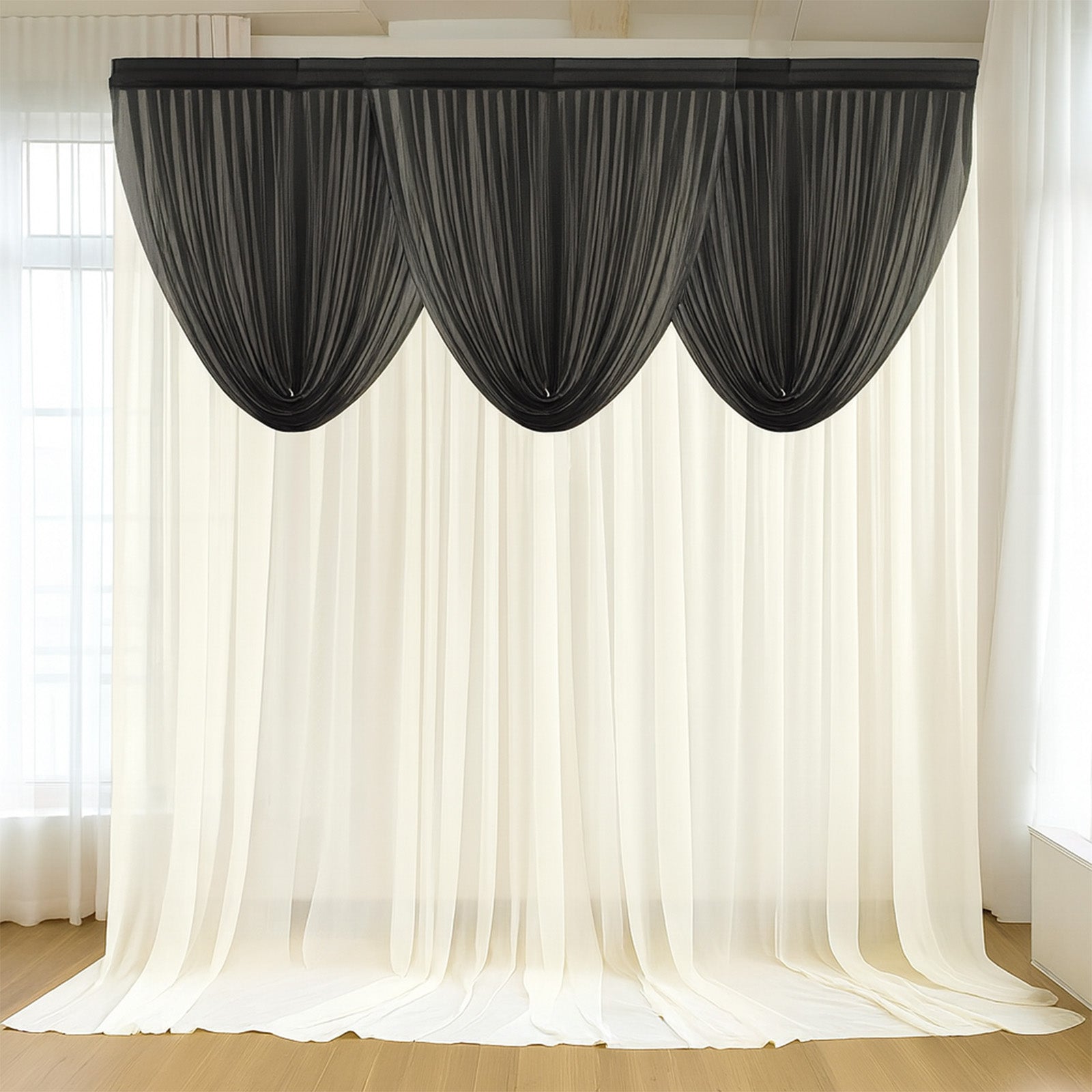 4ft x 4ft Sheer Chiffon Backdrop Valance Drapes â€“ Black Curved Swag Topper Panel - Backdrops