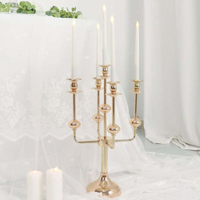 5-Arm Taper Candelabra Wedding Candle Holder Gold Metal Table Display - Perfect for Events 20"
