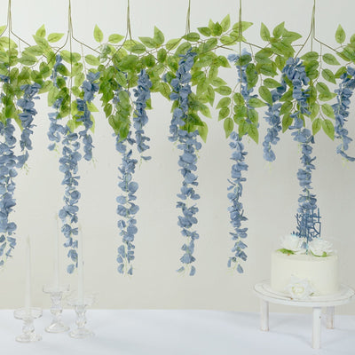 5 Pack 44’’ Silk Hanging Wisteria Flower Garland Vines in Dusty Blue Elaborated 3 Full Strands in 1 Bush - Flower