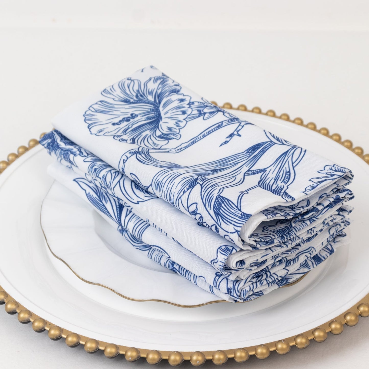5-Pack French Toile Polyester Cloth Napkins â€“ 17"x17" Blue and White Reusable Table Napkins in Floral Design for Events & Dining