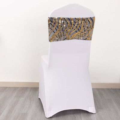 5 Pack Chair Sash Bands with Wave Embroidered Sequins Black/Gold - Chair Sashes