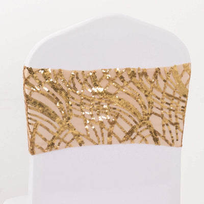5 Pack Chair Sash Bands with Wave Embroidered Sequins Gold - Gleaming Accent for Weddings & Banquets - Chair Sashes