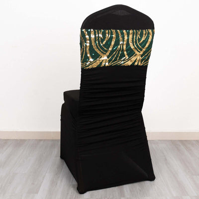 5 Pack Chair Sash Bands with Wave Embroidered Sequins Hunter Emerald Green/Gold - Chair Sashes