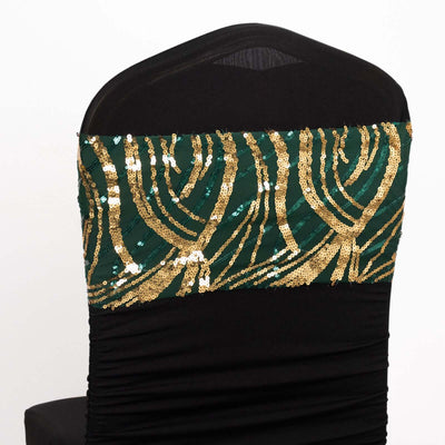 5 Pack Chair Sash Bands with Wave Embroidered Sequins Hunter Emerald Green/Gold - Chair Sashes