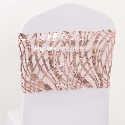 5 Pack Chair Sash Bands with Wave Embroidered Sequins Rose Gold - Chair Sashes