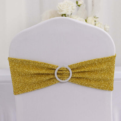 5 Pack Chair Sashes Shimmer Tinsel Spandex 5’’x12’’ with Silver Rhinestone Buckles Gold - Stylish Decor for Weddings
