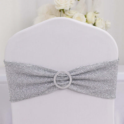 5 Pack Chair Sashes Shimmer Tinsel Spandex 5’’x12’’ with Silver Rhinestone Buckles Silver - Stylish Decor for Weddings