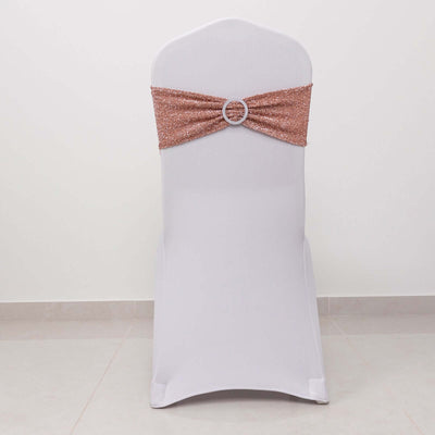 5 Pack Chair Sashes Shimmer Tinsel Spandex 5’’x12’’ with Silver Rhinestone Buckles Rose Gold - Chair Sashes