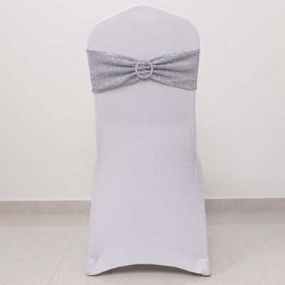 5 Pack Chair Sashes Shimmer Tinsel Spandex 5’’x12’’ with Silver Rhinestone Buckles Silver - Stylish Decor for Weddings