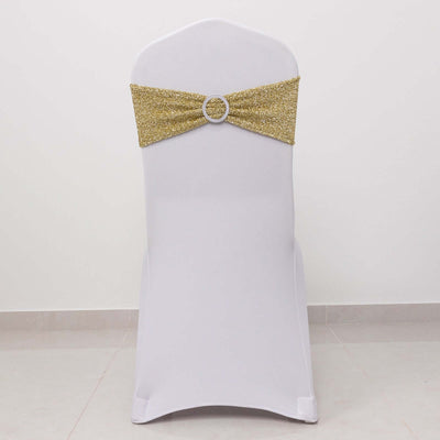 5 Pack Chair Sashes Shimmer Tinsel Spandex 5’’x12’’ with Silver Rhinestone Buckles Champagne - Stylish Chair Bands