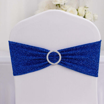 5 Pack Chair Sashes Shimmer Tinsel Spandex 5’’x12’’ with Silver Rhinestone Buckles Royal Blue - Stylish Chair Bands
