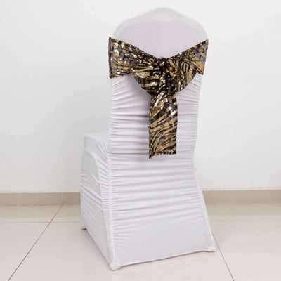 5 Pack Chair Sashes with Wave Embroidered Sequins Black/Gold 6’’x88’’ - Stylish Glittering Decor for Weddings - Chair