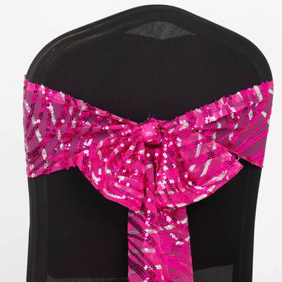 5 Pack Chair Sashes with Wave Embroidered Sequins Fuchsia/Silver 6’’x88’’ - Chair Sashes