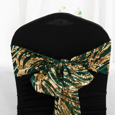 5 Pack Chair Sashes with Wave Embroidered Sequins Hunter Emerald Green/Gold 6’’x88’’ - Chair Sashes