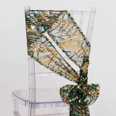 5 Pack Chair Sashes with Wave Embroidered Sequins Hunter Emerald Green/Gold 6’’x88’’ - Chair Sashes