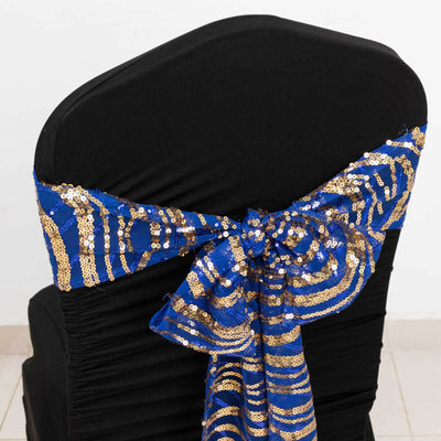 5 Pack Chair Sashes with Wave Embroidered Sequins Royal Blue/Gold 6’’x88’’ - Chair Sashes