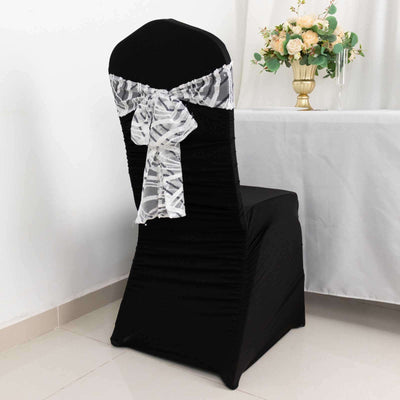 5 Pack Chair Sashes with Wave Embroidered Sequins White/Black 6’’x88’’ - Stylish Glittering Decor for Weddings - Chair