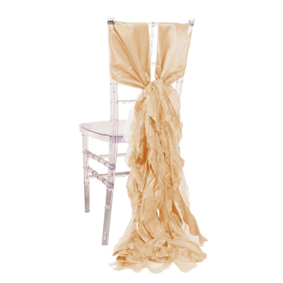 5 Pack Chiffon Satin Chair Sashes Beige - Easy to Install Ruffled Curly Willow - Chair Sashes