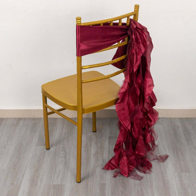 5 Pack Chiffon Satin Chair Sashes Burgundy - Easy to Install Ruffled Curly Willow - Chair Sashes