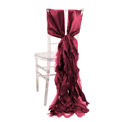 5 Pack Chiffon Satin Chair Sashes Burgundy - Easy to Install Ruffled Curly Willow - Chair Sashes