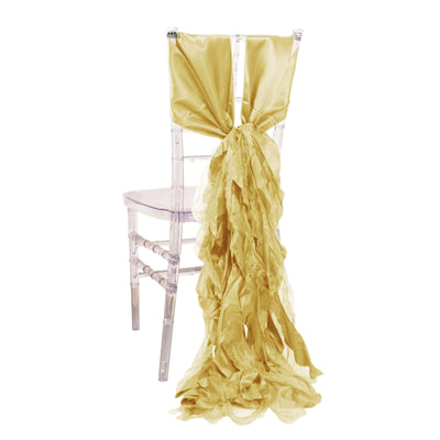 5 Pack Chiffon Satin Chair Sashes Champagne - Easy to Install Ruffled Curly Willow - Chair Sashes