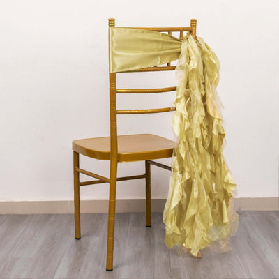 5 Pack Chiffon Satin Chair Sashes Champagne - Easy to Install Ruffled Curly Willow - Chair Sashes