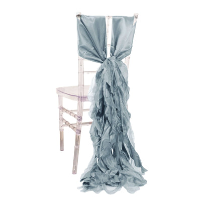 5 Pack Chiffon Satin Chair Sashes Dusty Blue - Easy to Install Ruffled Curly Willow - Chair Sashes