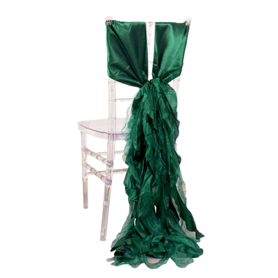 5 Pack Chiffon Satin Chair Sashes Hunter Emerald Green - Easy to Install Ruffled Curly Willow - Chair Sashes