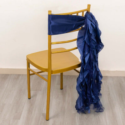 5 Pack Chiffon Satin Chair Sashes Navy Blue - Easy to Install Ruffled Curly Willow - Chair Sashes