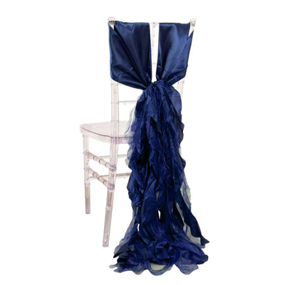 5 Pack Chiffon Satin Chair Sashes Navy Blue - Easy to Install Ruffled Curly Willow - Chair Sashes
