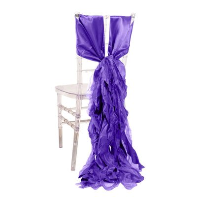 5 Pack Chiffon Satin Chair Sashes Purple - Easy to Install Ruffled Curly Willow - Chair Sashes