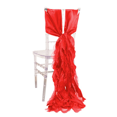 5 Pack Chiffon Satin Chair Sashes Red - Easy to Install Ruffled Curly Willow - Chair Sashes