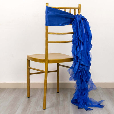 5 Pack Chiffon Satin Chair Sashes Royal Blue - Easy to Install Ruffled Curly Willow - Chair Sashes