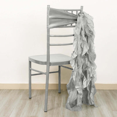 5 Pack Chiffon Satin Chair Sashes Silver - Easy to Install Ruffled Curly Willow - Chair Sashes