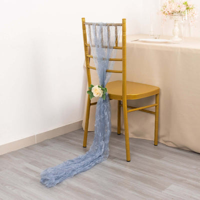 5 Pack Crinkled Organza Chair Sashes Dusty Blue with Shimmer Chiffon Layers - Stylish Sheer Decor - Chair Sashes