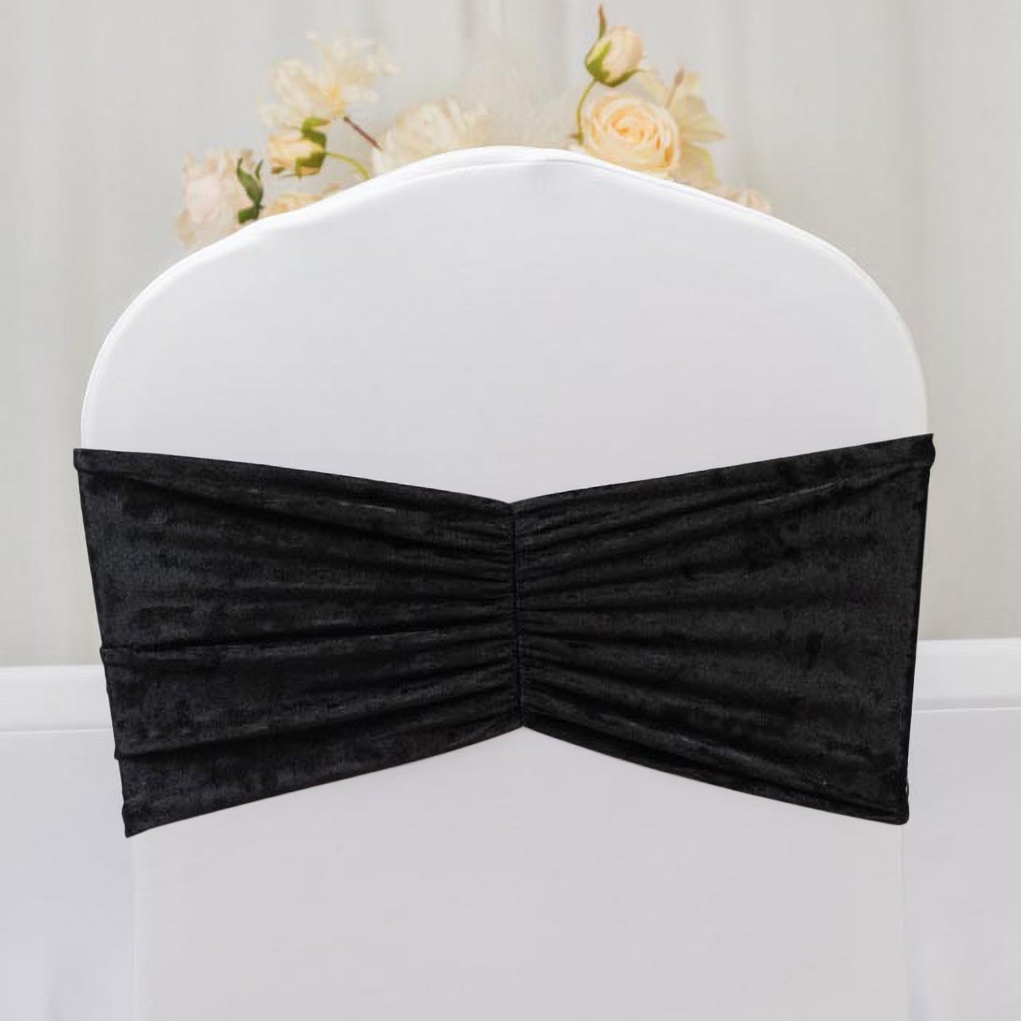 5 Pack Crushed Velvet Chair Bands Black Wide Ruffle Style - Textured Chair Sashes for Stunning Event Decor - 8’’x15’’