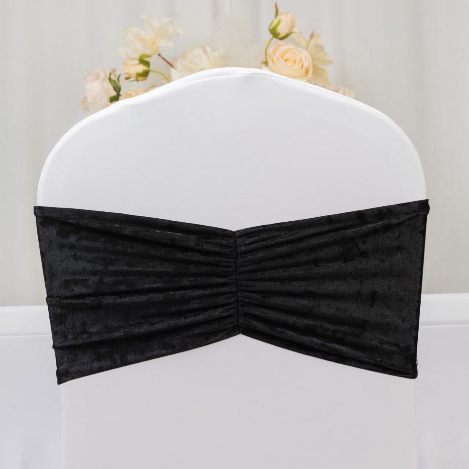 5 Pack Crushed Velvet Chair Bands Black Wide Ruffle Style - Textured Chair Sashes for Stunning Event Decor - 8’’x15’’