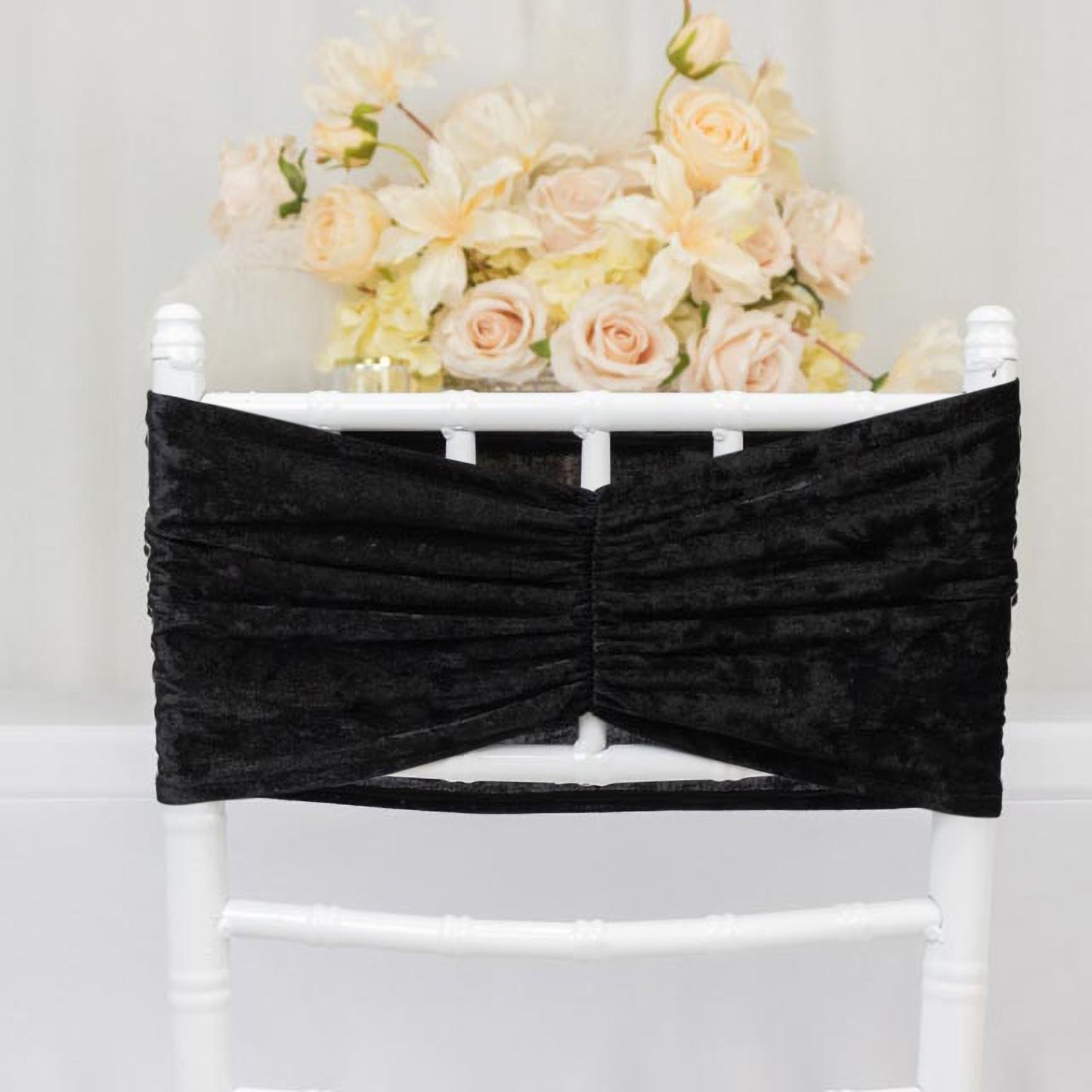 5 Pack Crushed Velvet Chair Bands Black Wide Ruffle Style - Textured Chair Sashes for Stunning Event Decor - 8’’x15’’