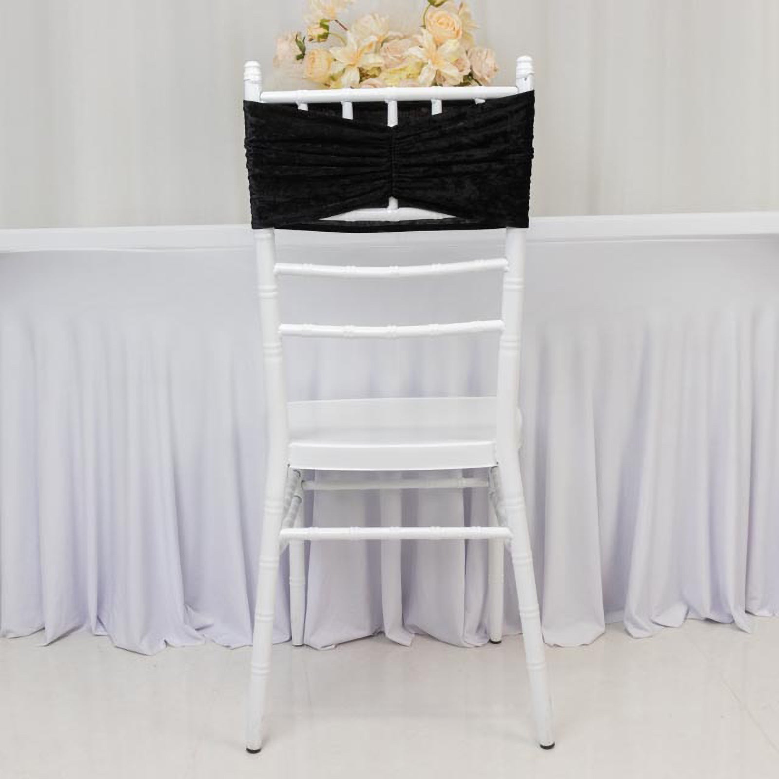 5 Pack Crushed Velvet Chair Bands Black Wide Ruffle Style - Textured Chair Sashes for Stunning Event Decor - 8’’x15’’