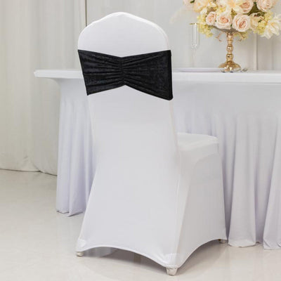 5 Pack Crushed Velvet Chair Bands Black Wide Ruffle Style - Textured Chair Sashes for Stunning Event Decor - 8’’x15’’