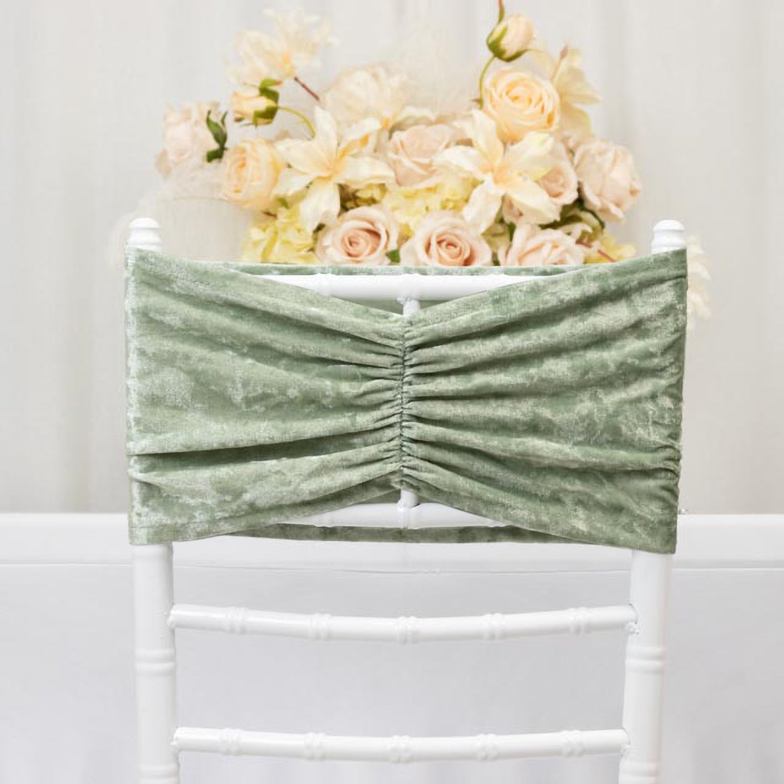 5 Pack Crushed Velvet Chair Bands Sage Green Wide Ruffle Style - Textured Chair Sashes for Stunning Event Decor