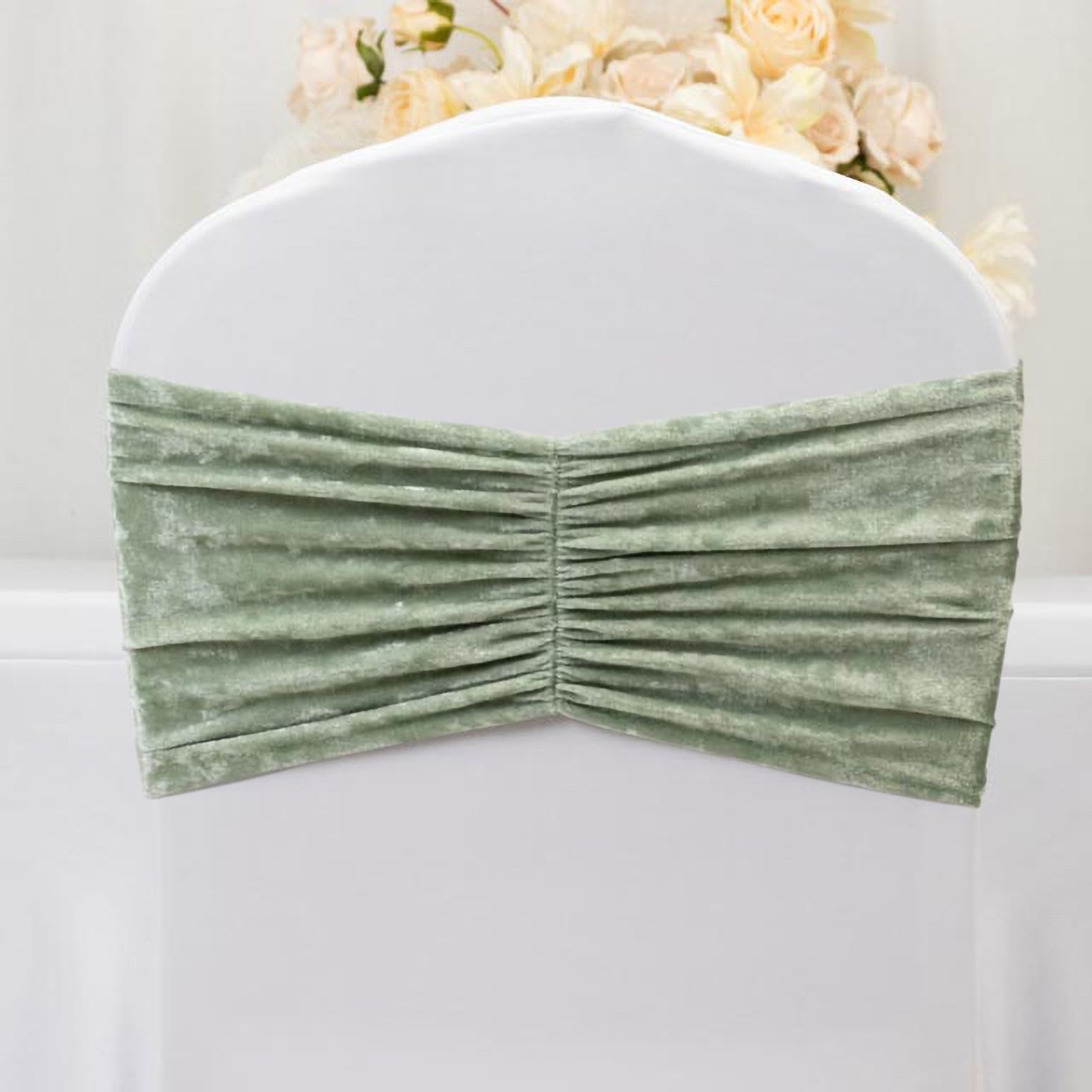 5 Pack Crushed Velvet Chair Bands Sage Green Wide Ruffle Style - Textured Chair Sashes for Stunning Event Decor