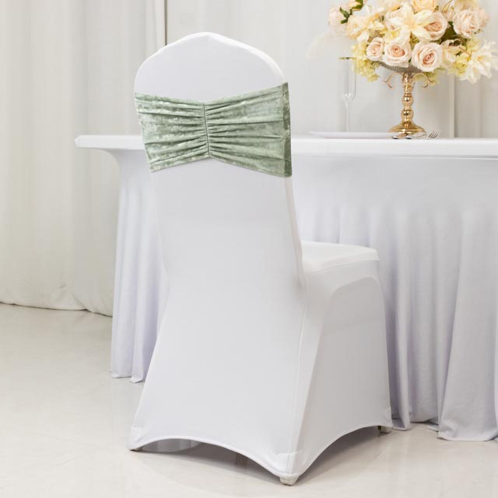 5 Pack Crushed Velvet Chair Bands Sage Green Wide Ruffle Style - Textured Chair Sashes for Stunning Event Decor