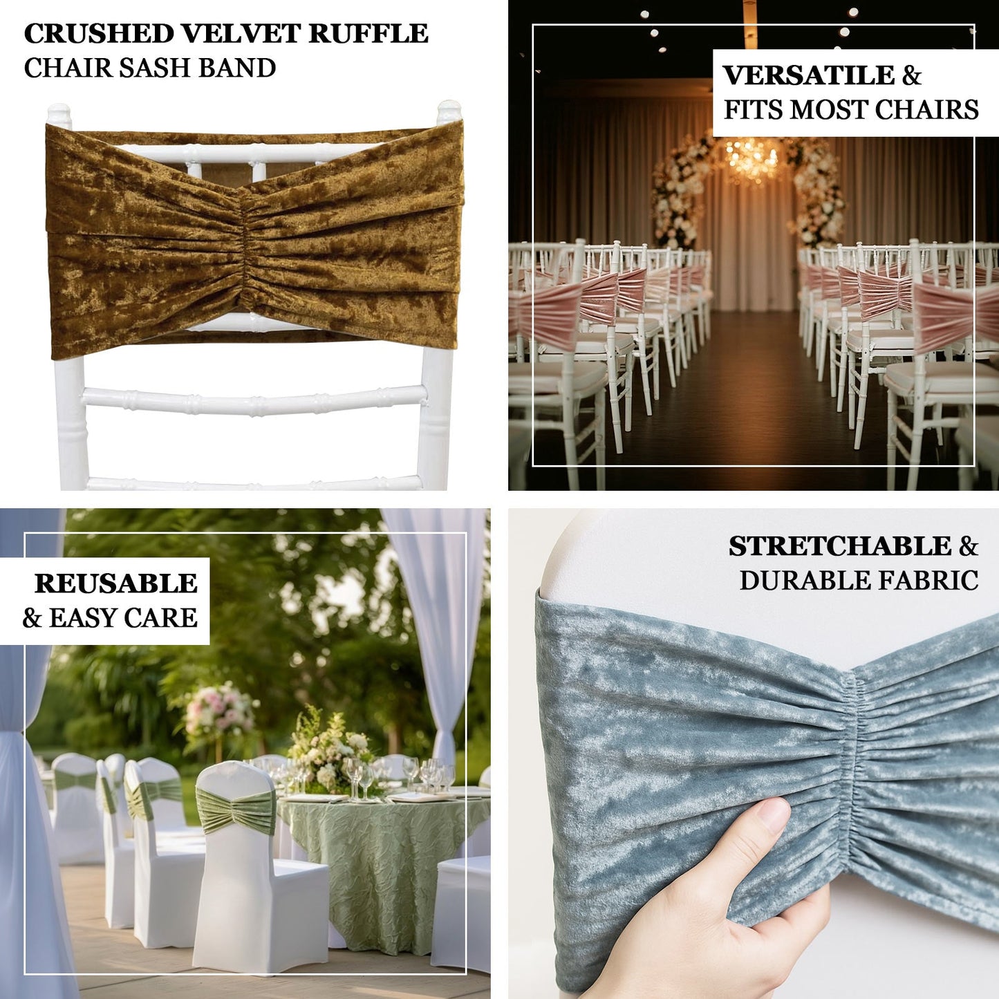 5 Pack Crushed Velvet Chair Bands Sage Green Wide Ruffle Style - Textured Chair Sashes for Stunning Event Decor