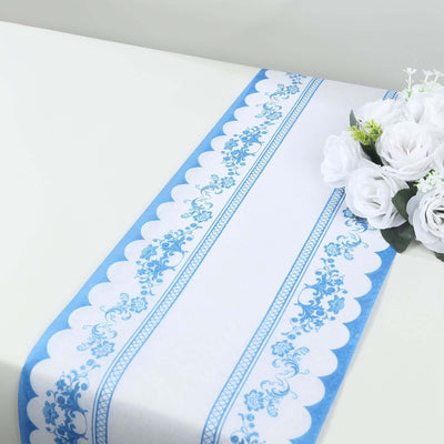 5 Pack Disposable Table Runners 11’’x108’’ White with Blue Ornate Floral Prints - Non-woven Stylish Kitchen Dining