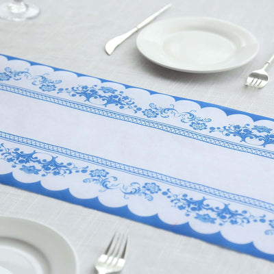 5 Pack Disposable Table Runners 11’’x108’’ White with Blue Ornate Floral Prints - Non-woven Stylish Kitchen Dining