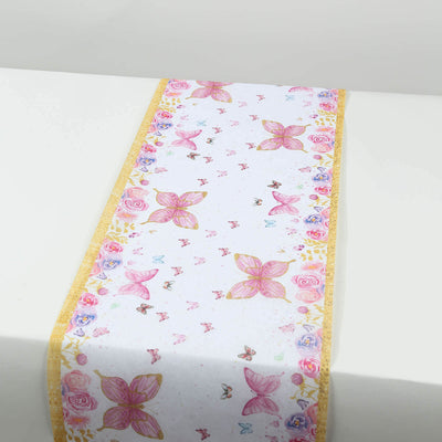 5 Pack Disposable Table Runners 11’’x108’’ White with Pink Butterflies - Non-woven Stylish Spring Summer Dining Decor
