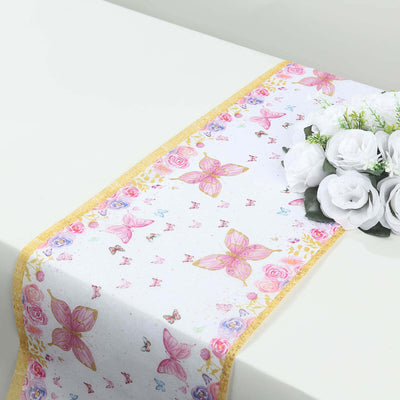 5 Pack Disposable Table Runners 11’’x108’’ White with Pink Butterflies - Non-woven Stylish Spring Summer Dining Decor