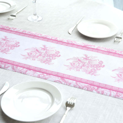 5 Pack Disposable Table Runners 11’’x108’’ White with Pink Floral Pattern - Non-woven Stylish Kitchen Dining Table