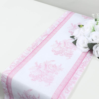 5 Pack Disposable Table Runners 11’’x108’’ White with Pink Floral Pattern - Non-woven Stylish Kitchen Dining Table